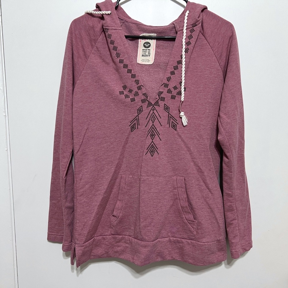 Roxy Hoodie Sweatshirt Womens Size S Pink Geometric V-Neck Pullover Boho Indie
